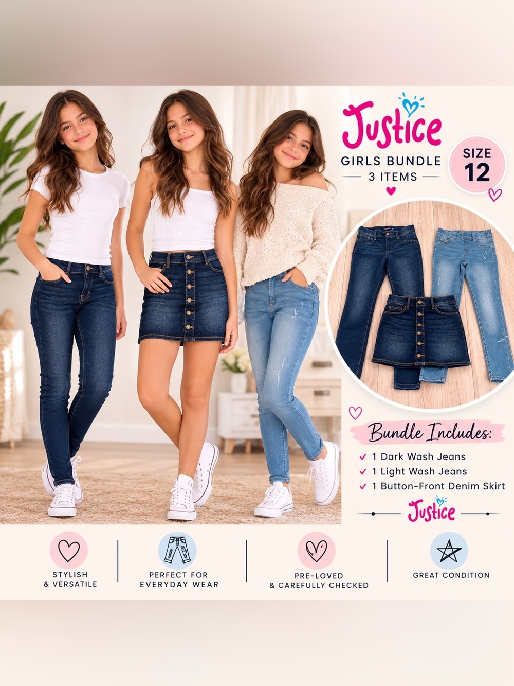 Justice Girls Size 12 Denim Bundle 2 Skinny Jeans + Button Front Skirt Y2K